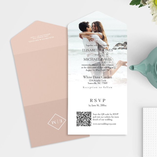 Modern Photo QR-kodpersika Bröllop (All-in-one wedding invitation with QR code to RSVP - Simplify and save time for you and your guests.)