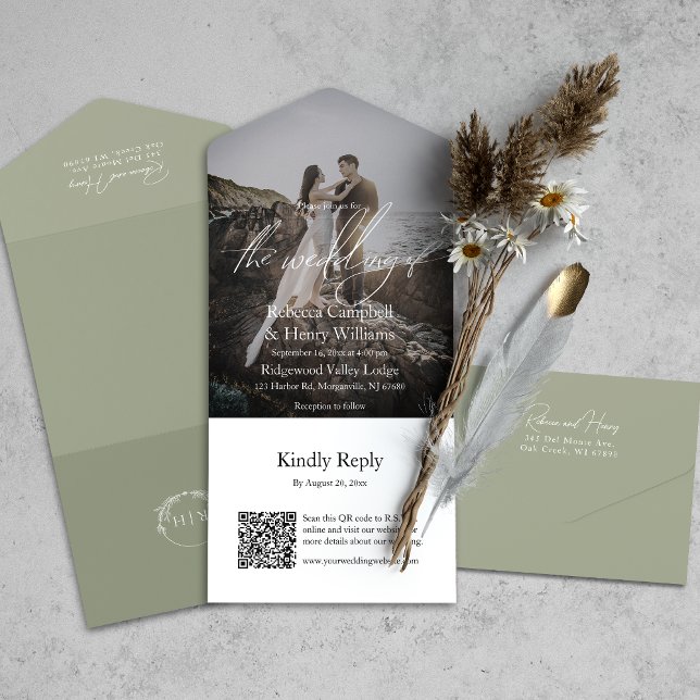Modern Photo QR OSA Sage Grönt Bröllop (All-in-one wedding invitation with QR code to RSVP - Simplify and save time for you and your guests.)