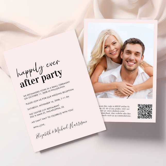 Modern Photo QR-Rosa-bröllopsmottagning Inbjudningar (An chic Happily Ever After Party all-in-one invitation for your wedding celebration)