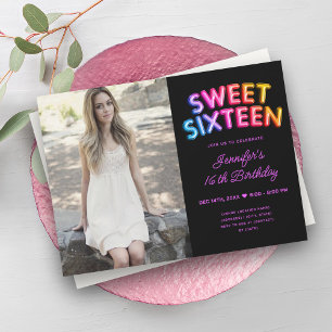 Modern Photo Rainbow Black Balloons Sweet 16 Inbjudningar