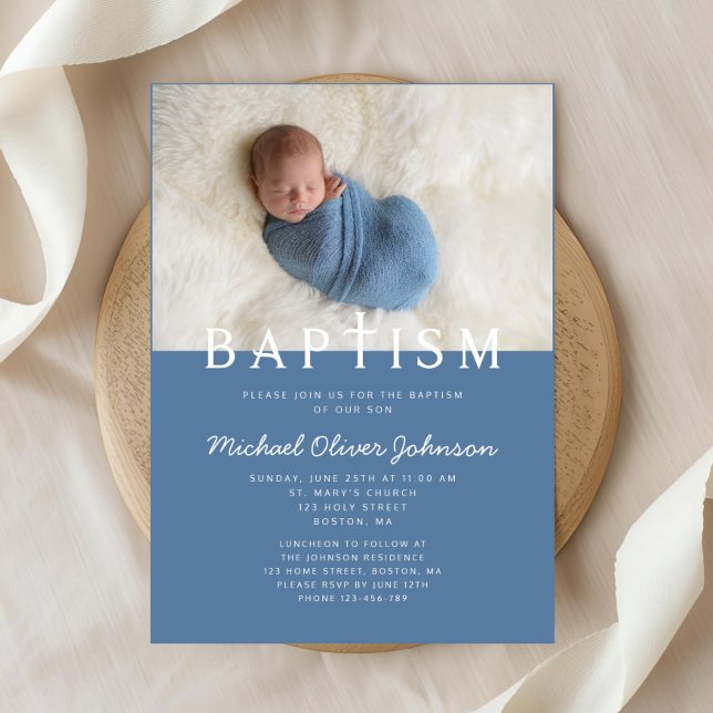 Modern Photo Religiösa Kor Blue Boy Baptism Inbjudningar (Modern Photo Religious Cross Blue Boy Baptism Invitation)