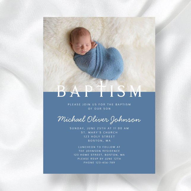 Modern Photo Religiösa Kor Blue Boy Baptism Inbjudningar (Front Modern Photo Religious Cross Blue Boy Baptism Invitation)