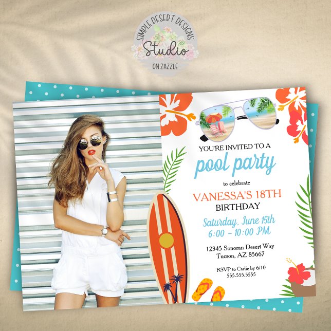 Modern Photo Retro Tropical Bassäng Party födelsed Inbjudningar (modern trendy pool party invitation for birthday or graduation celebration)