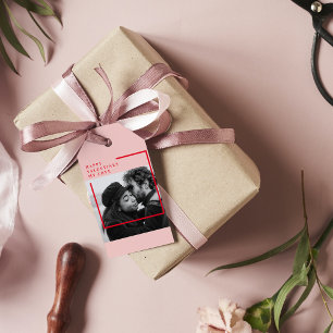 Modern Photo Röda och Rosa Lycklig Valentines Gi Presentetikett