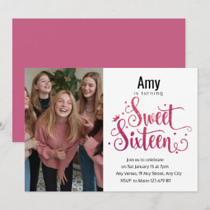 Modern Photo Rosa Glitter Sweet 16:e födelsedagen Inbjudningar