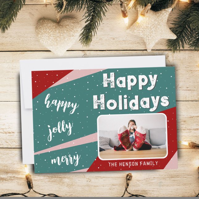 Modern Photo Rosa Grönt Orange Rand jul Julkort (Skapare uppladdad)