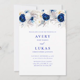 Modern Photo Royal Blue & White Blommigt Bröllop Inbjudningar