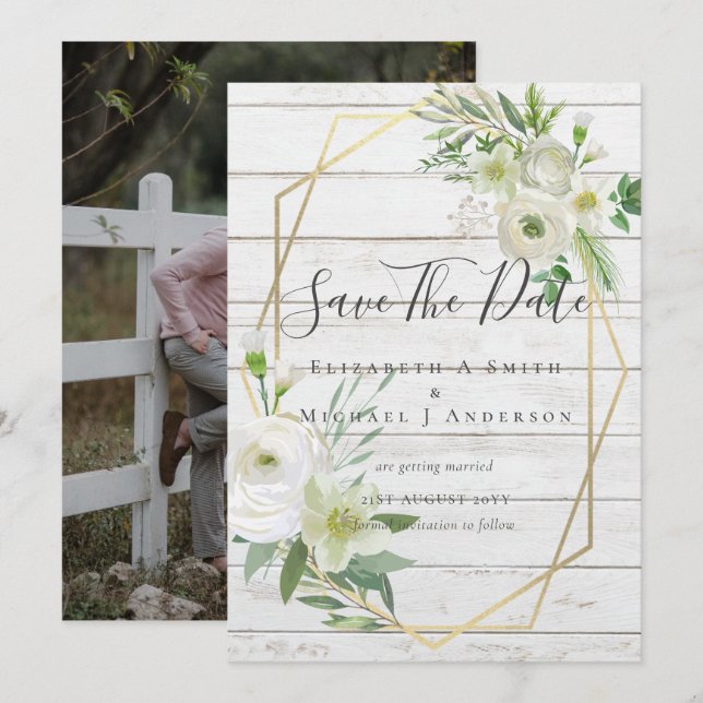 Modern Photo Save Dates White Floral Greenery Leaf (Fram/baksida)