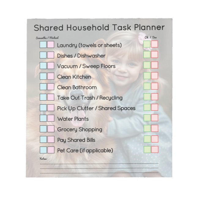 Modern Photo Shared Household Tasks Planner Anteckningsblock (Framsida)