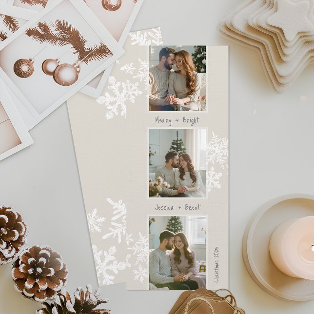 Modern Photo Strip Christmas Card with Handwritten Inbjudningar (Custom 3-photo Christmas card with handwritten messages, perfect for couples, pets, or families.)