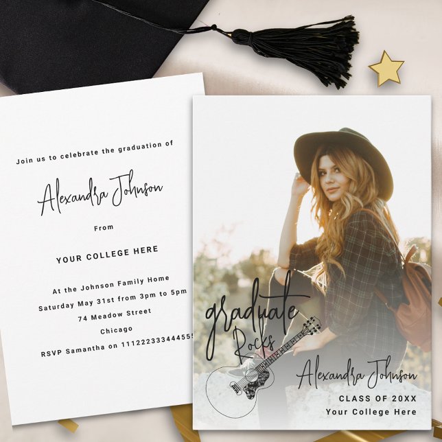 Modern Photo Studenten annons Party Inbjudningar (Modern trendy vertical photo Graduation party and announcement  invitation with country music guitar)