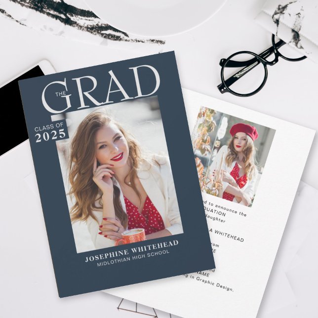 Modern Photo Studenten Announcement Navy Blue Meddelande (Skapare uppladdad)