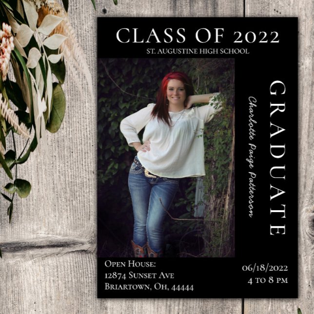 Modern Photo Studenten Open House | Svart Inbjudningar (Black Modern Photo Graduation Open House Invitation)