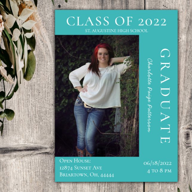 Modern Photo Studenten Open House | Teal Inbjudningar (Teal Modern Photo Graduation Open House Invitation)