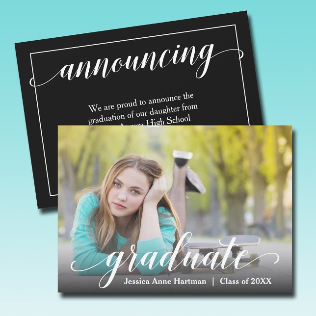 Modern Photo Studenten-skript Meddelande (Modern photo graduation handwritten script announcements - PRINTED and/or INSTANT DOWNLOAD)