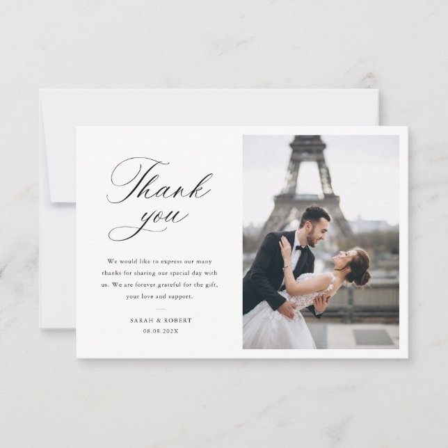 modern photo stylish script wedding thank you card tack kort (Framsida)