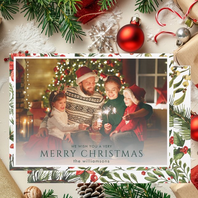 Modern Photo Watercolor-Helgdag, Blommigt jul (Modern Photo Watercolor Floral Christmas Holiday Cards)