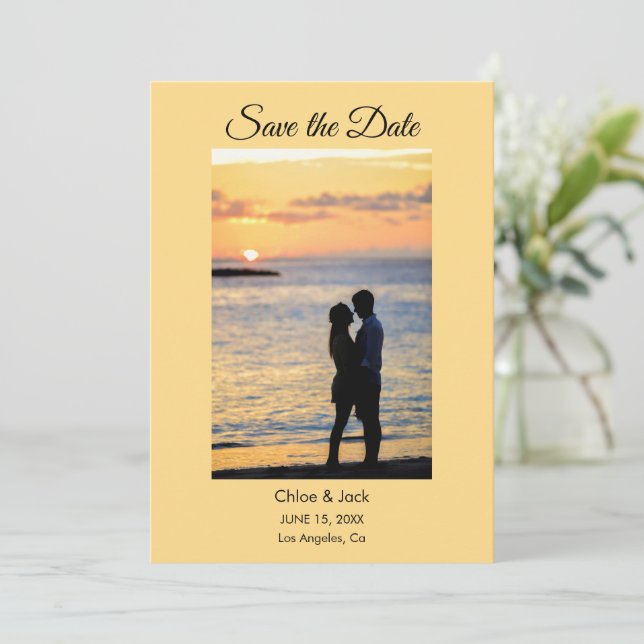 Modern Photo Yellow Orange Save The Date Card Spara Datumet (Stående Fram)