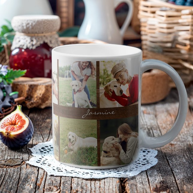 Modern Photos Collage Hund Rustic Wood Kaffemugg (Celebrate your furbaby with this photo collage mug.)