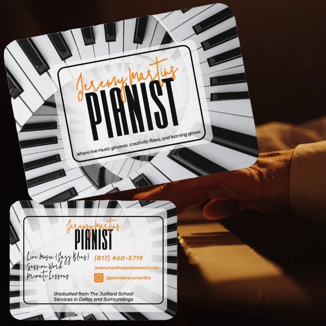 Modern Piano Spiraler Svart&Vit Orange Pianist Visitkort (Skapare uppladdad)