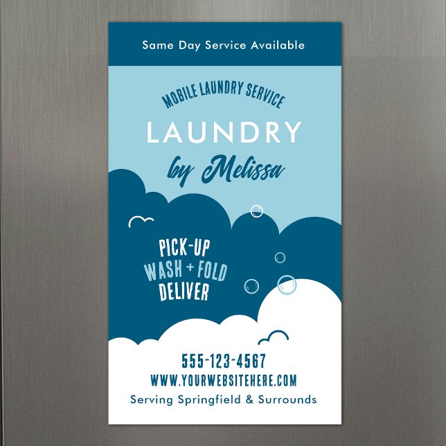 Modern Pick-Up Laundry Service Blue & White Magnet (Modern magnetic business cards for laundry service providers)