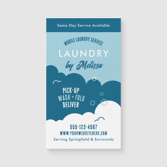 Modern Pick-Up Laundry Service Blue & White Magnet (Framsida)