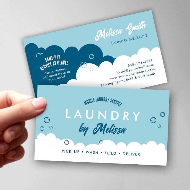 Modern Pick-Up Laundry Service Blue & White Visitkort (Modern white and blue mobile laundry services and laundromats business cards)