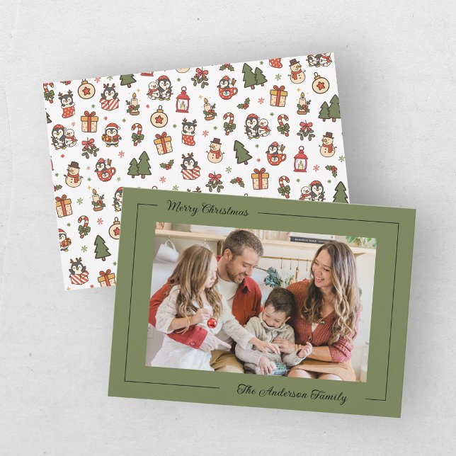 Modern Pingvin Grön Familjefoto Jul  Julkort (Skapare uppladdad)