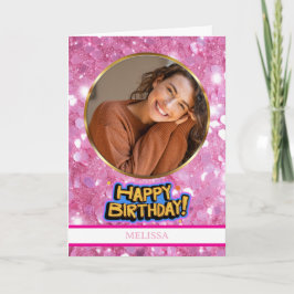 Modern Pink and Gold Glitter Photo & Name Birthday Kort