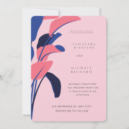 Modern Pink and Navy Tropical Leaf Wedding Invitat Inbjudningar