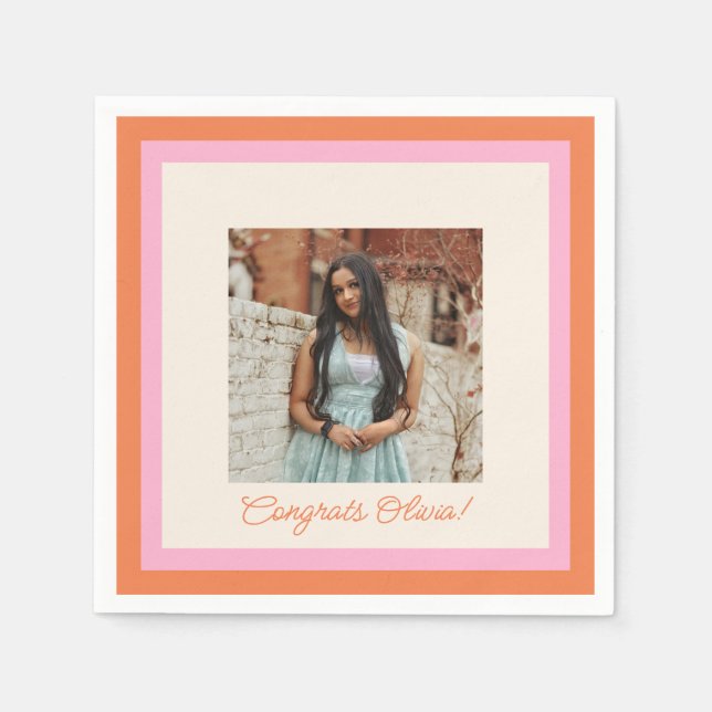 Modern Pink and Orange Border Photo Graduation Pappersservett (Framsidan)
