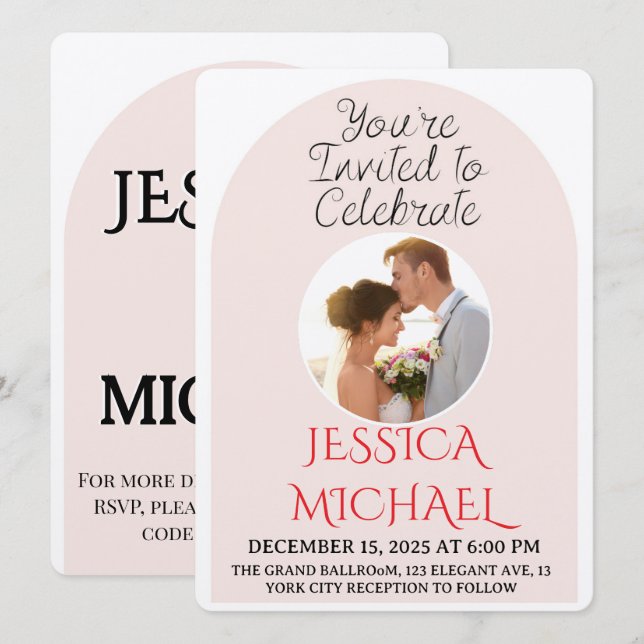 Modern Pink Arch Wedding Photo Invite with QR Code Inbjudningar (Fram/baksida)
