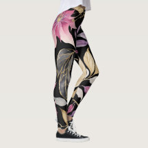 Modern Pink, Black and Gold Floral Leggings