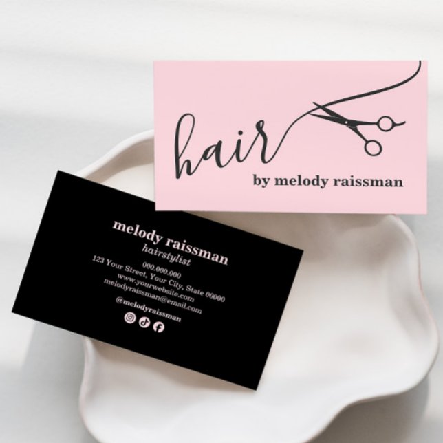 Modern Pink Black Hairstylist Script Business Card Visitkort (Skapare uppladdad)