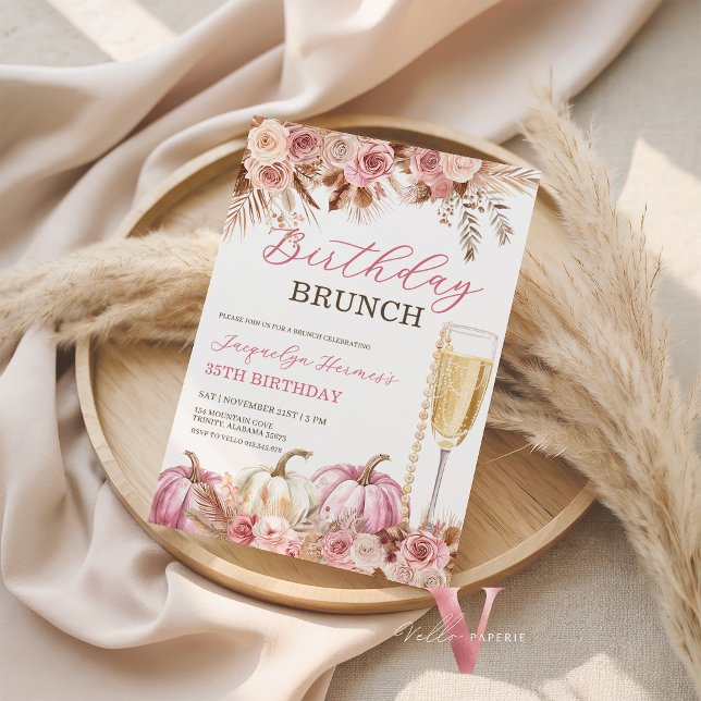 Modern Pink Boho Pumpkin Autumn Birthday Brunch  Inbjudningar (Skapare uppladdad)