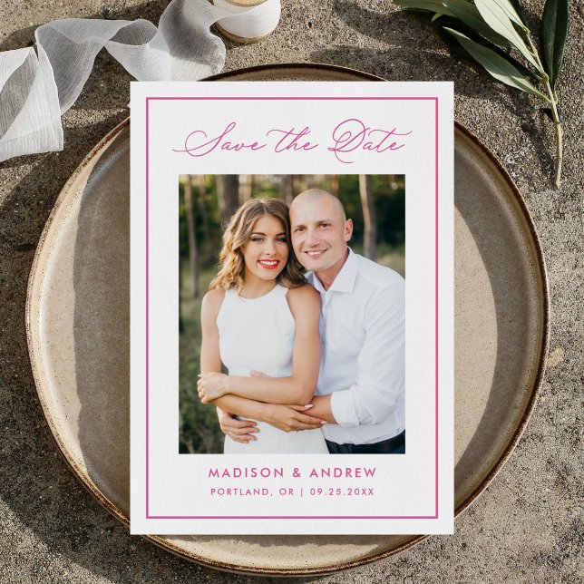 Modern Pink Border Script Photo Wedding Spara Datumet (Skapare uppladdad)
