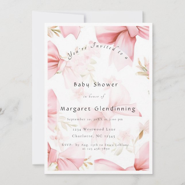 Modern Pink Bow Coquette Baby Shower Inbjudningar (Framsida)