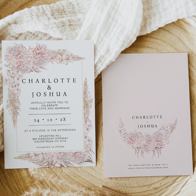Modern Pink Brown Boho Floral Frame Wedding Inbjudningar (Skapare uppladdad)