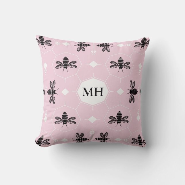 Modern Pink Elegant Black Bee Pattern Monogram Kudde (Framsida)