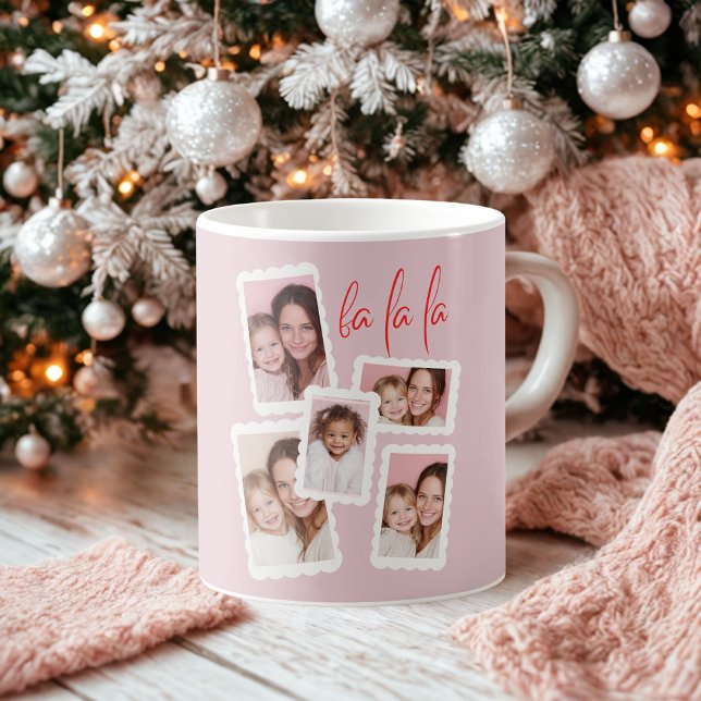 Modern Pink “Fa La La” Multi Photo Christmas  Kaffemugg (Skapare uppladdad)