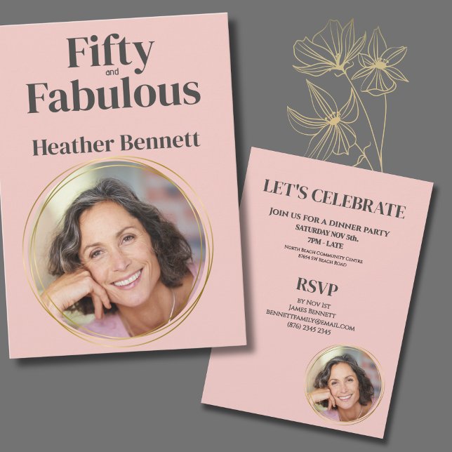 Modern Pink Fifty and Fabulous Photo Birthday Inbjudningar (Skapare uppladdad)
