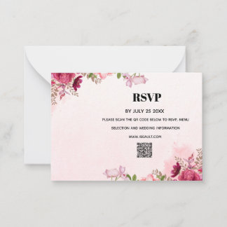 Modern Pink Floral QR Code Wedding RSVP Card Anteckningskort