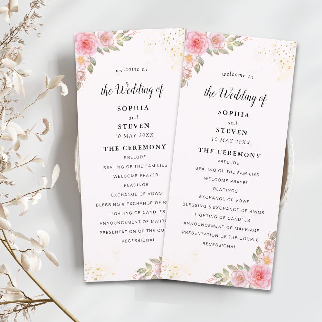 Modern Pink Floral Wedding Party with Golden Touch Program (Skapare uppladdad)