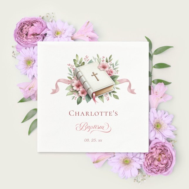 Modern Pink Flower Baptism Paper Napkin Pappersservett (Skapare uppladdad)