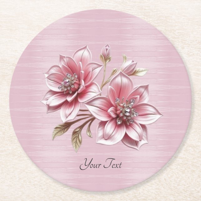Modern Pink Flowers Paper Coaster Underlägg Papper Rund (Framsidan)
