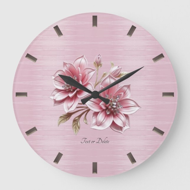 Modern Pink Flowers Wall Clock Stor Klocka (Framsida)