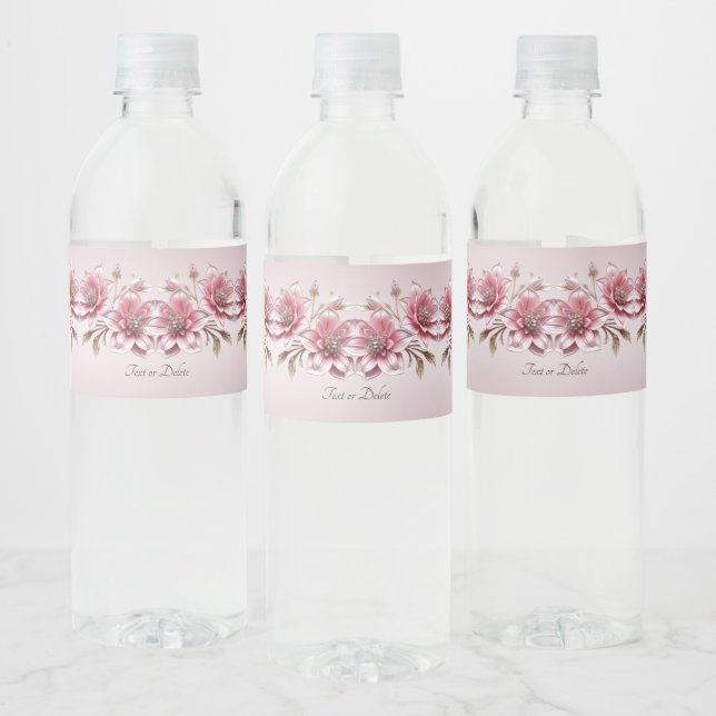 Modern Pink Flowers Water Bottle Label Vattenflaskor Etikett (Flaskor)