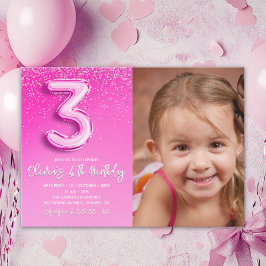 Modern Pink Glitter Balloon 3rd Birthday Photo Inbjudningar