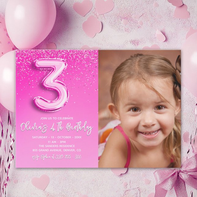Modern Pink Glitter Balloon 3rd Birthday Photo  Inbjudningar (Skapare uppladdad)