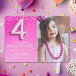 Modern Pink Glitter Balloon 4th Birthday Photo Inbjudningar